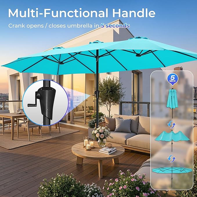 SUPERJARE 15FT Outdoor Umbrella for Patio, Double sided Pool Umbrellas with Fade Resistant Canopy, Large Table Umbrella for Deck, Market, Backyard - Light Blue(No Base)
