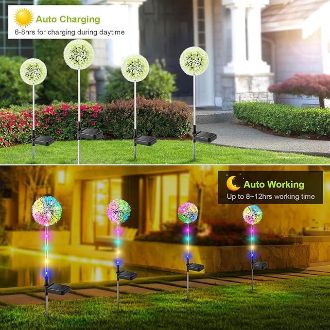 WdtPro Solar Lights Outdoor Garden Decor, 6 Pack Solar Flower Lights, 2 Modes Colorful Dandelion Light, Brighter Waterproof Decorative Garden Lights for Yard, Patio, Flower Bed, Unique Gifts for Women