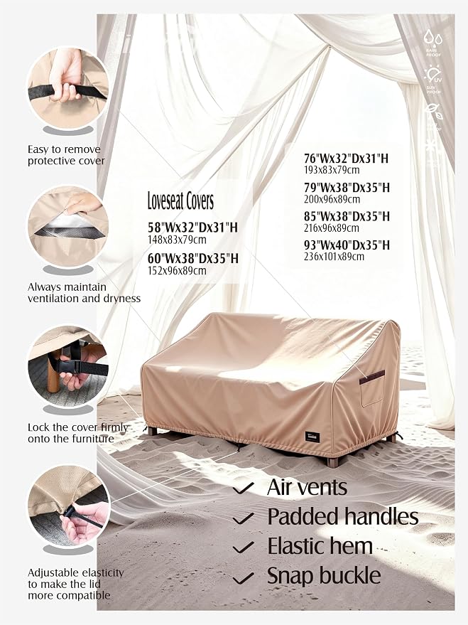 JinHrtoyi 2-Seater Patio Loveseat Cover, 60Wx38Dx35H inches Outdoor Furniture Covers Waterproof,100% Waterproof Heavy Duty Patio Furniture Covers,Light Brown Minimalism Style Outdoor Sofa Cover