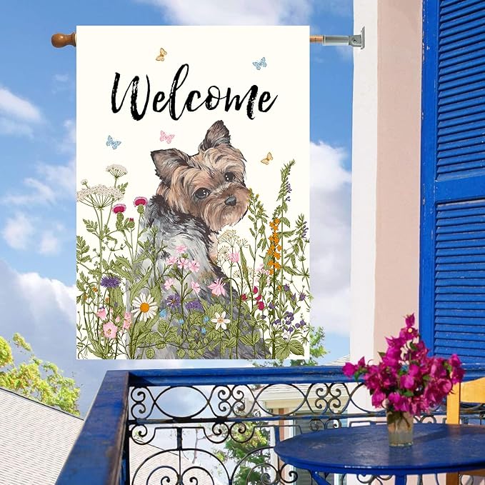 Floral Yorkie Garden Flag Spring Summer House Flags 28 x 40 Double Sided Flower Dog Yard Flags for Outside Large Outdoor Welcome Flags
