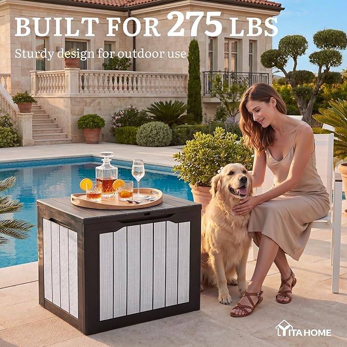 YITAHOME 35 Gallon Deck Box, Waterproof Resin Outdoor Storage Box, Doubles as Bench Seating for Patio Furniture Cushions,Garden Tools & Pool Accessories, Black & Gray