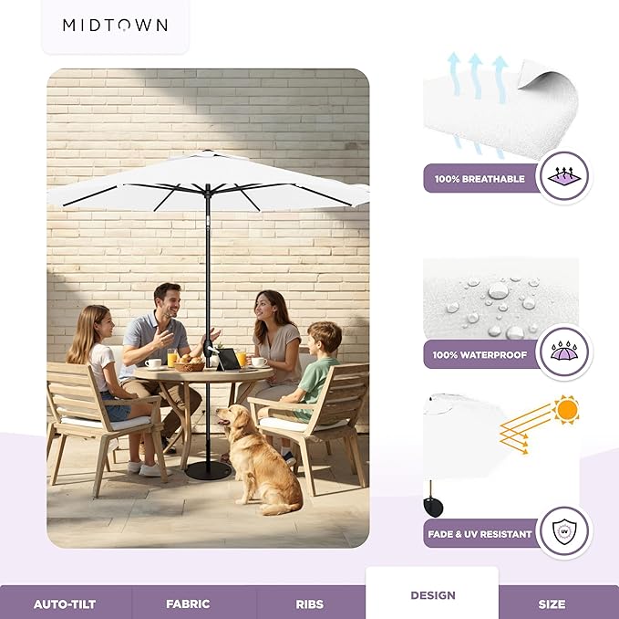 Midtown Umbrellas - 10-Year-No-Fade 10 Ft Patio Umbrella with Terylast Fabric, Auto-Tilt Aluminum Frame and 8 Reinforced Ribs for Deck, Pool, Garden & Beach - Ivory White Canopy, Black Pole