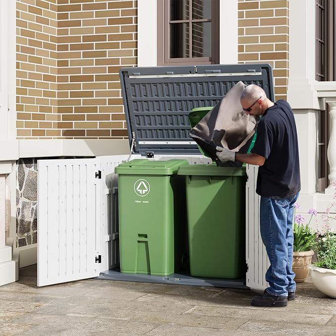 GarveeLife Outdoor Resin Storage Cabinet, 34 Cu ft Outdoor Trash Can Storage Shed Waterproof, Outdoor Resin Storage Box for Patio Tools, Sofa Cushion, Lawn Mower and Garbage Cans