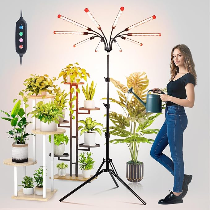 FECiDA Gamechanger! 90 Watt Power Draw, NO Need Adapter, 10Head Grow Light with Tripod Stand, 2026 Big Coverage LED Grow Lights for Indoor Tall Plants, Bonsai Tree, 4/8/12/16/20H Timer