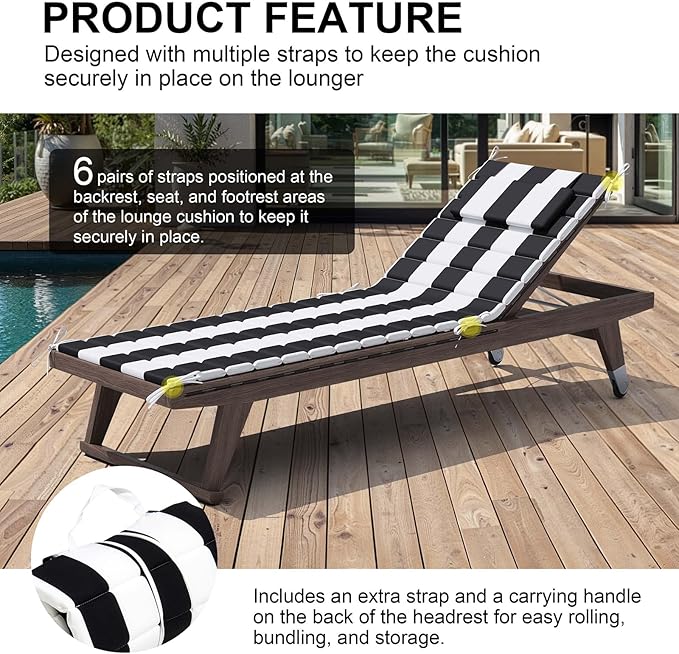 Crestlive Products Chaise Lounge Cushion Outdoor Set of 2, Foldable Waterproof Pool Lounge Chair Cushions with Straps, Lounger Cushions for Outdoor Furnitur, 71''Lx21''W (Black Stripe)