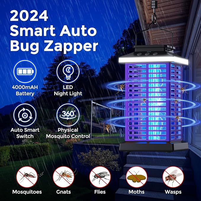 Bug Zapper Outdoor, Mosquito Zapper 2 in 1 Portable & Rechargeable Bug Zapper Outdoor with 5000mAh Battery & LED Night Light, 4000V Electric Fly Zapper for Outside,Patio,Backyard,Garden Purple