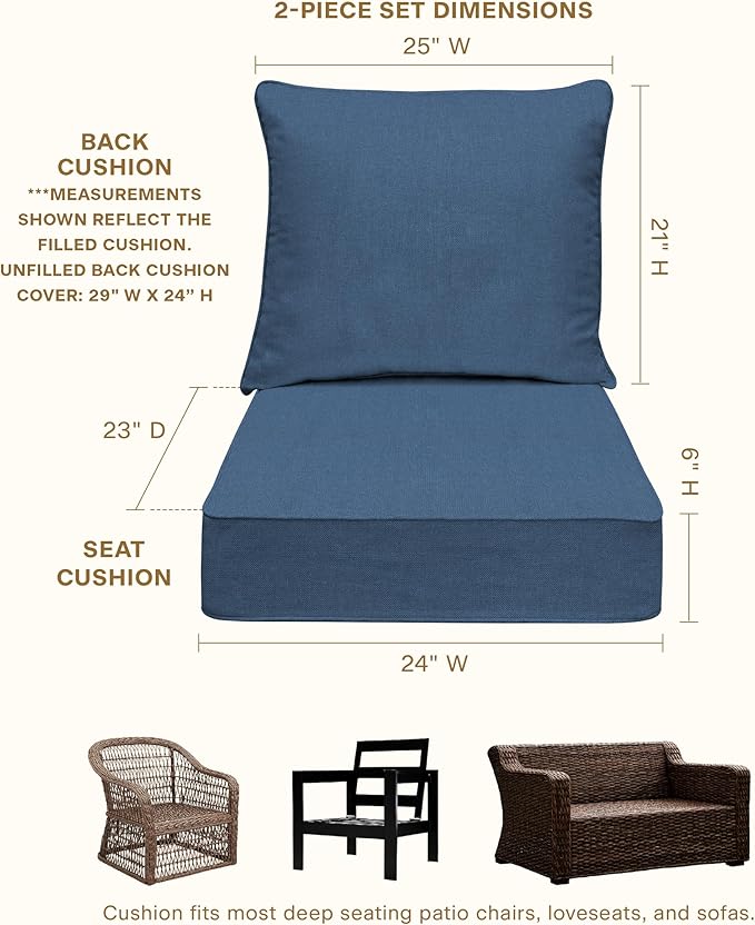 Honeycomb Outdoor Heritage Deep Seat, 24 x 23, Textured Solid Pacific Blue Chair Cushion with Removable Cover, for Patio Furniture