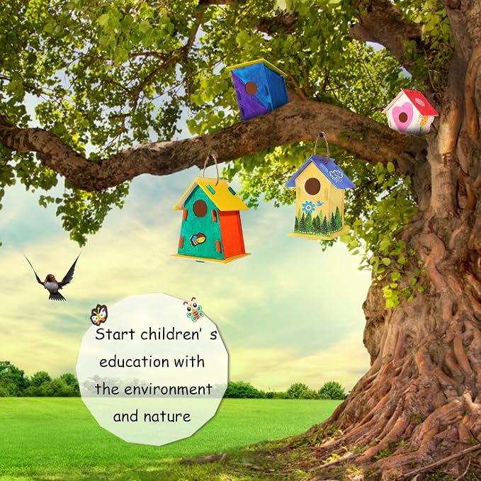 24 Pack Large DIY Bird Houses Kits for Kids, Kids Craft Kits Wood Houses for DIY Crafts Class Parties, 24 Birdhouse Kits with 24 Paint Strips & Paintbrushes & Stickers for Children to Build & Paint…