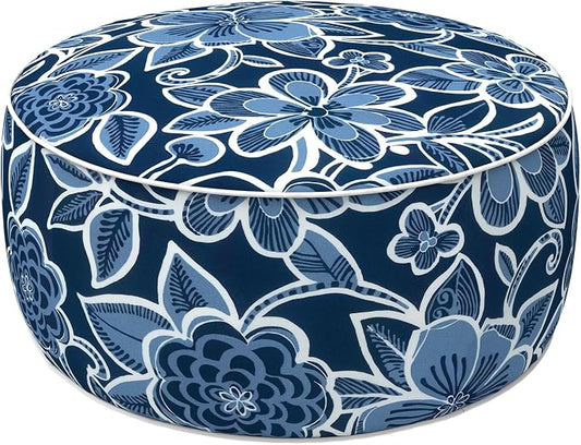 LVTXIII Indoor/Outdoor Inflatable Ottoman with Handle D21 x H9 Inch, Weather-Resistant Round Footstool Pouf for Patio Camping Living Room, Portable Footrest Extra Seating, Flower Navy