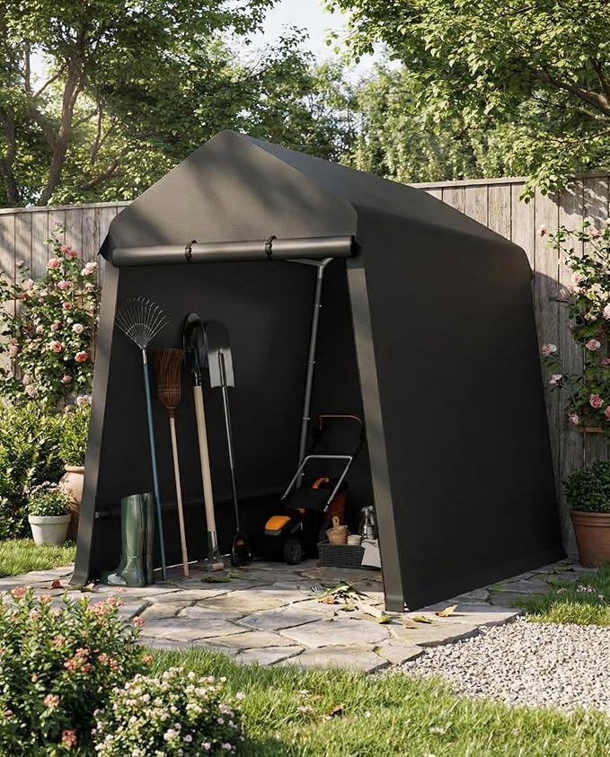 Garvee 7X12 Ft Outdoor Storage Shed, 2 Rolled Up Zipper Doors Portable Storage Shed, Waterproof Cover Vents Carports Temporary Shelter for Bike, Motorcycle, Gardening Tools, Generator, Black