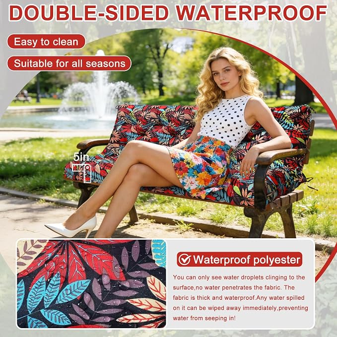 Porch Swing Cushions 70 inch Waterproof & Fade Resistant Thicken 5" Outdoor Swing Cushions 3 Seater Replacement with Backrest & Ties Patio Swing Cushions for Outdoor Furniture (Red Leaves)