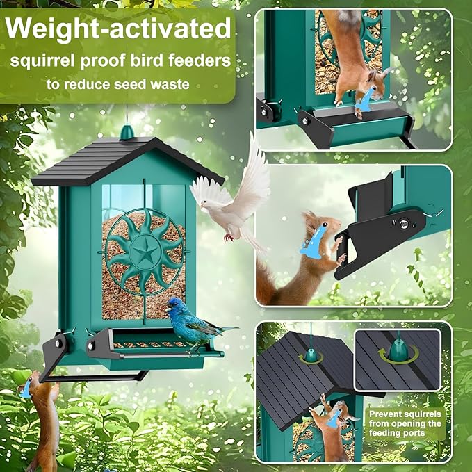 Squirrel Proof Bird Feeders for Outdoors with Weight-Activated, 5LB Large Metal Wild Bird Feeders for Cardinals,Blue Jay,Finch, Weatherproof Durable Hanging Bird Feeder for Backyard,Garden (Green)