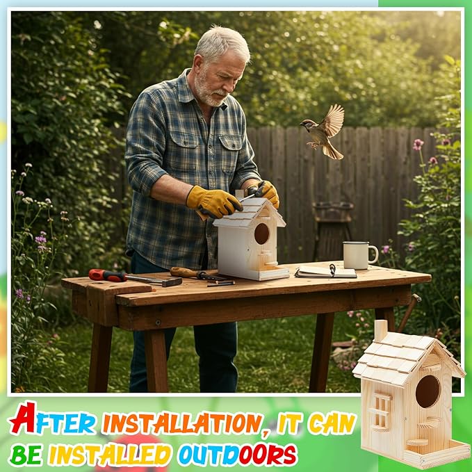 Liliful Wooden Bird House Kits, Build It Yourself Woodworking Kit for Adult Kids 4-8, 8-12 with Paint and Paintbrushes, Solid Weather Proof Natural Pine Wood, Pre Drilled (1 Pack,Modern Style)