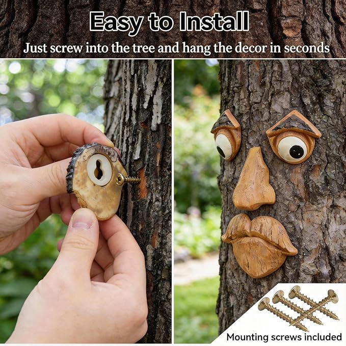 4 Pack Tree Faces Decor Outdoor, Large Whimsical Old Man Tree Hugger Statues, Resin Tree Art for Garden Yard Patio, Funny Tree Peeker Sculptures for Halloween Easter
