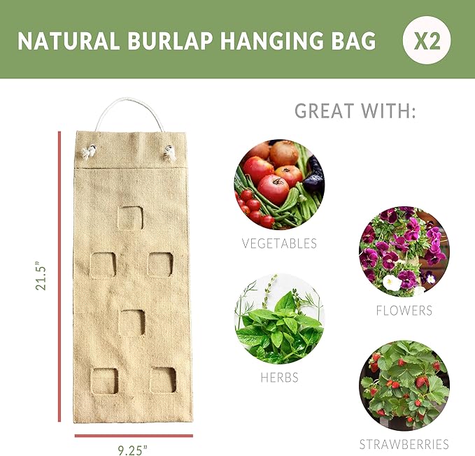 Hang & Grow Burlap Hanging Planter Bags for Outdoor Plants, Vertical Flower Hanging Bag for Easy Outside Garden Decoration, Reusable for Flowers, Strawberry, Vegetables and Herbs, (2 Bags, 6 Holes)