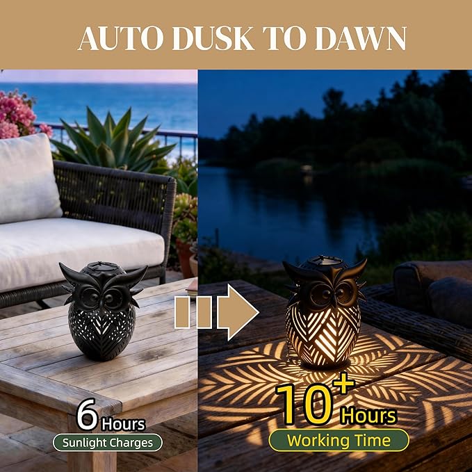 Hanging Owl Solar Lantern, Outdoor Waterproof Metal Solar Lights with Palm Leaf Shadow, Decorative Garden Lanterns for Yard Art Patio Decor, Whimsical Gifts for Women, Black
