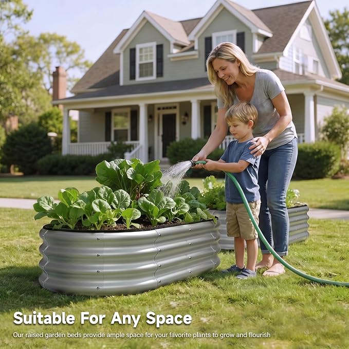 4x2x1 FT Oval Metal Raised Garden Bed, Elevated Garden Planter Box Outdoor, Trough Planter for Outdoor Plants, Flower, Vegetables, Fruit, Herbs (Silver, 1PC)