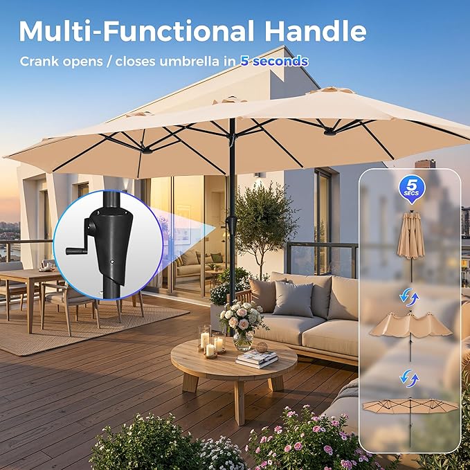 SUPERJARE 15FT Outdoor Umbrella for Patio, Double sided Pool Umbrellas with Fade Resistant Canopy, Large Table Umbrella for Deck, Market, Backyard - Beige(No Base)