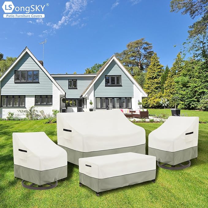 Patio Furniture Covers 4 Piece Set, 600d Heavy Duty Outdoor Furniture Covers Waterproof for Patio Loveseat, Swivel Rocker Chair and Coffee Table,White&Grayish Green