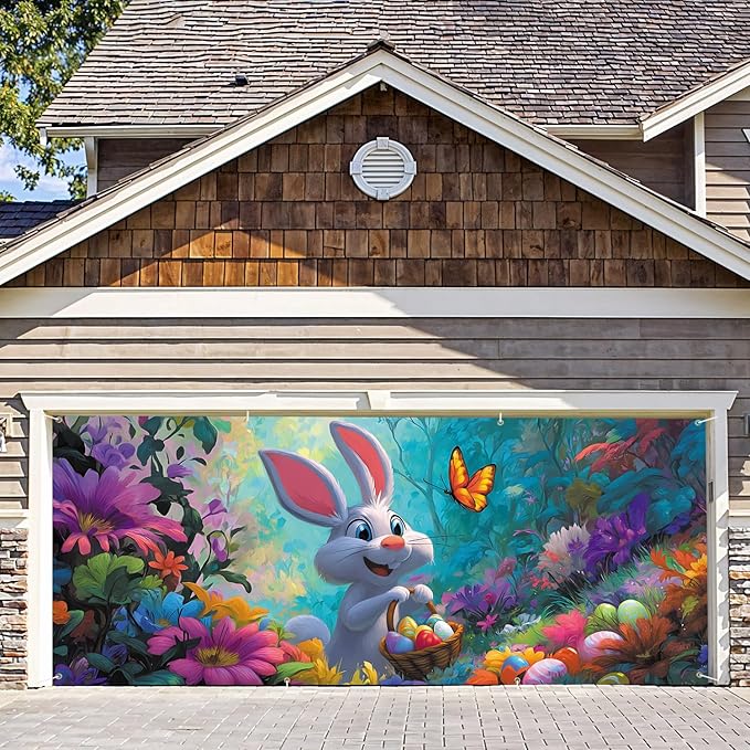 7 * 16FT Summer Garage Door Cover Decorations Sunset Palm Trees Garage Door Banner for Outdoor Indoor Summer Party Photography Backdrop (easter rabbit, 6 * 13 ft)