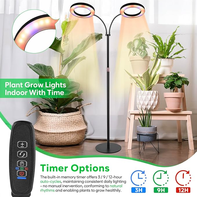 Dual Head Grow Lights for Indoor Plants - Full Spectrum 144 LED Growing Lamps with 3H/9H/12H Auto Timer, 3 Color Modes, 10 Brightness Levels, Height Adjustable 23-67" - Sun Light for Large Tall Plant