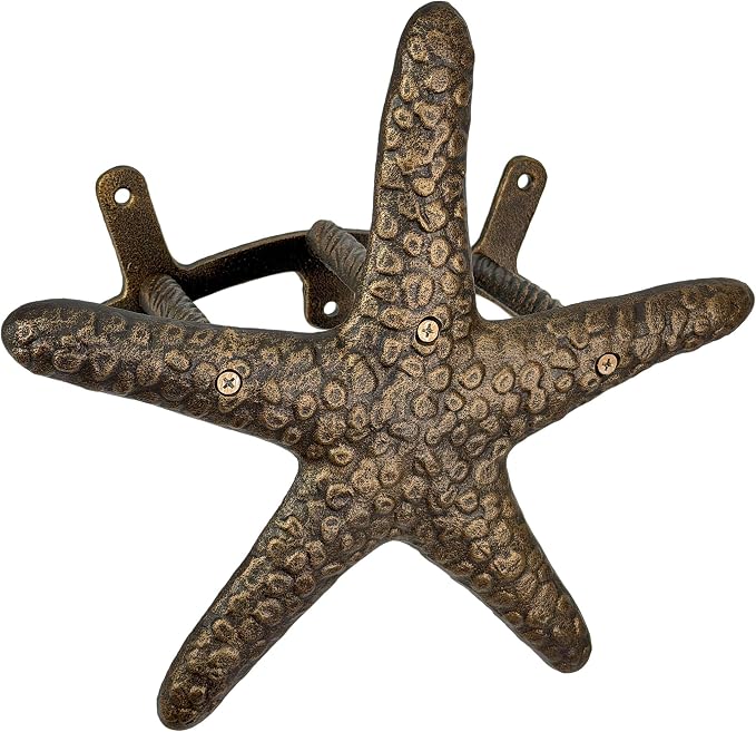 Zeckos 12 Inch Cast Iron Starfish Garden Hose Holder, Bronze Coastal Wall Mounted Hose Hanger with Matching Hardware for Outdoor Yard, Beach House, Garden or Patio Decor