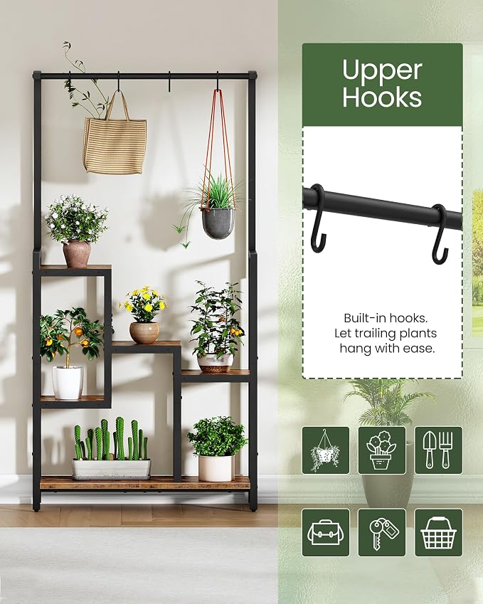 CHOEZON Plant Stand Indoor, 63" Tall Wooden Plant Shelf with Hanging Hooks and Staggered Tiers, Freestanding Flower Rack for Living Room, Balcony, Corner, Rustic Brown and Black TCJ41BF