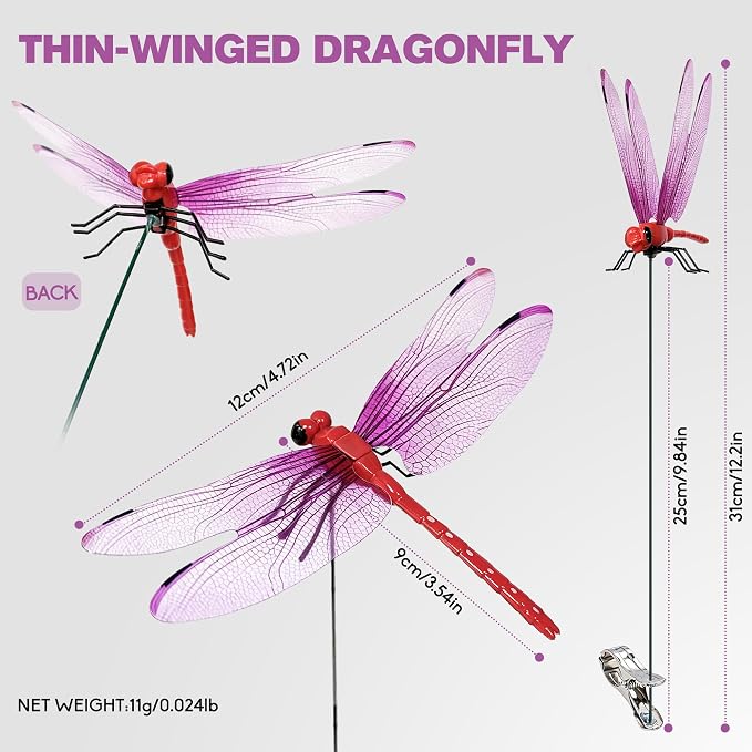 12 Pack Dragonfly Clips, Realistic Fake Dragonfly Hummingbird Garden Stakes, Multipurpose Plastic Yard Ornaments for Outdoor Decor, Patio, Hats, Fly Deterrent for Horses, Deer, Indoor Outdoor Use