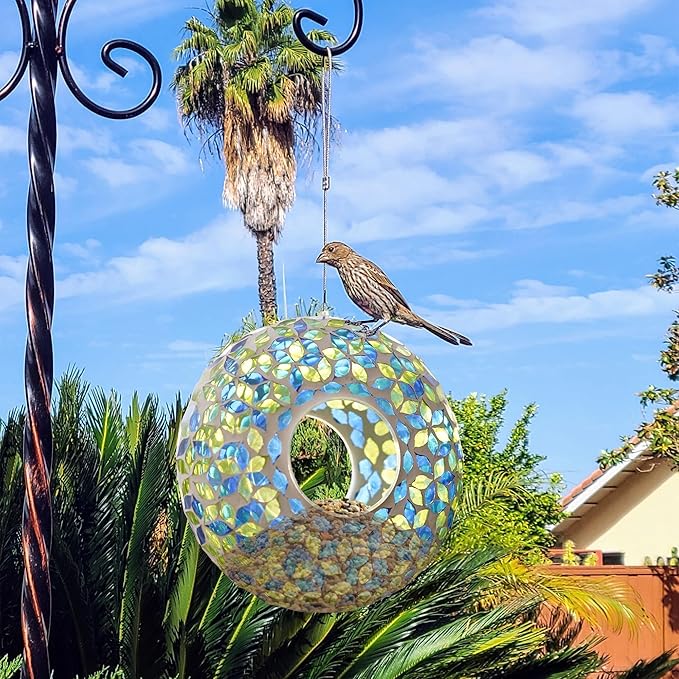 DUSVALLY 9 Inch Fly Through Bird Feeder for Wild Birds, Colored Glass Mosaic Outdoor Hanging Feeder - Squirrel Proof Design, Easy Clean, Weather Resistant for Garden Patio Hummingbirds Finches