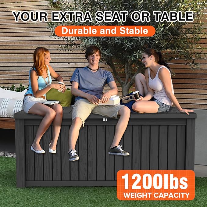 Outdoor Storage Deck Box Waterproof, 180 Gallon Large Lockable Patio Storage Bin Chest, Resin Outside Container Seat Bench for Furniture Cushions, Pool Accessories, Garden Tools & Delivery, Black