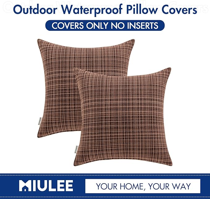 MIULEE Outdoor Waterproof Throw Pillow Covers Decorative Farmhouse Water Resistant Cushion Covers for Tent Patio Garden Couch Sofa Pack of 2, 18x18 Inch Coffee