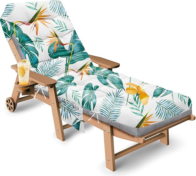 Outdoor Chaise Lounge Chair Cushion, 71 x 22 x 4.7 Inches Waterproof Chaise Lounge Cushions Thickened for Outdoor Furniture, Non-Slip Patio Lounge Chair Cushions, Yellow-Green Leaves