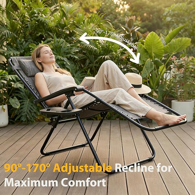 NEWBULIG Zero Gravity Chair Set of 4, Lounge Chair Folding Portable Adjustable Camping Reclining Chairs with Adjustable Pollow, Mesh Back, Cup Holder Trays Lawn Patio Chair for Pool Beach - Ash