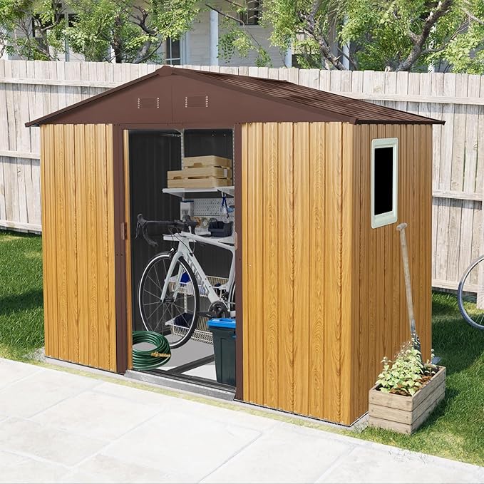 8x4 FT Outdoor Metal Storage Shed with Window, Galvanized Steel Garden Shed, Lockable Sliding Door, Sloped Roof, Ventilated Tool Storage House with Foundation Kit for Backyard Lawn, Coffee