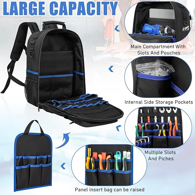 Tool Backpack for Men, Heavy Duty Tool Bag with Removable Tool Organizer, Durable Water-Resistant Work Backpack, Upgrade(Black & Blue)