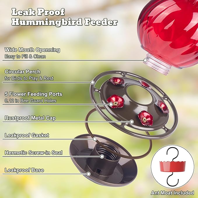Hummingbird Feeder, Auslar 26 Ounces Glass Hummingbird Feeders for Outdoors Hanging Ant and Bee Proof, Ant Moat & 5 Flower Feeding Ports, Rustproof, Leakproof, Netted Flower Bud Shape Bottle, Red