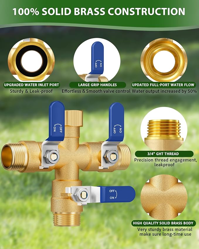 Garden Hose Splitter, 3 Way Heavy Duty Brass hose splitter, Water Hose Bib Spigot Splitter with 0.59" Full Flow Ball Valve Outlet & Shut-Off Valve 3/4'' Connector Outdoor Water Faucet Adapter（Blue）