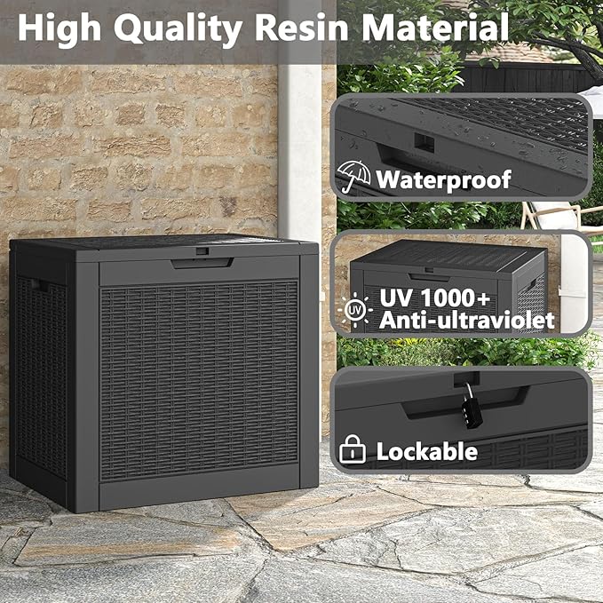 LHBGO 31 Gallon Deck Box, Resin Outdoor Storage Box, Waterproof and UV Resistant Deck Box, Lightweight Storage Box for Garden Tools, Pool Supplies