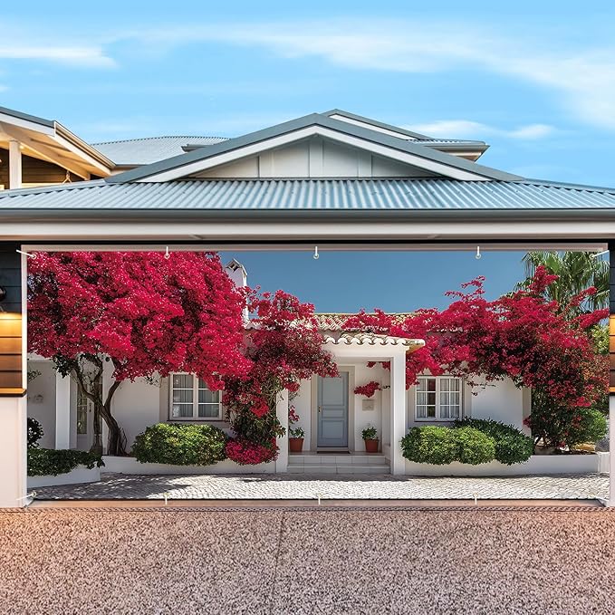 7 * 16FT Summer Garage Door Cover Decorations Sunset Palm Trees Garage Door Banner for Outdoor Indoor Summer Party Photography Backdrop (red, 7 * 16 ft)