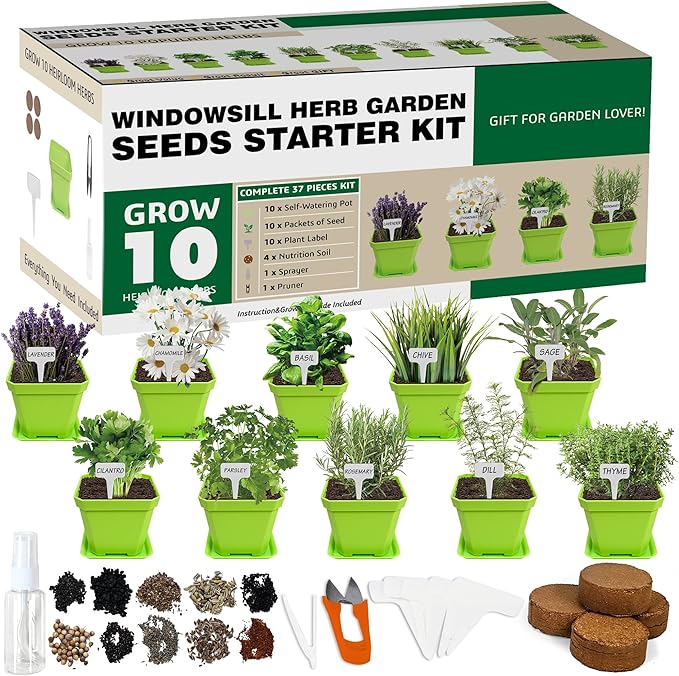 Meekear 10 Herb Seeds Garden Starter Grow Kit with Green Pots, Markers, Soil Discs, Watering, Herb Clipper, Complete Indoor Potted Plant Growing Set for Kitchen DIY