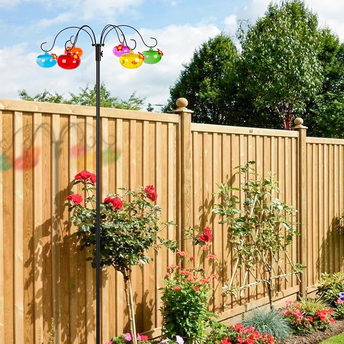 Liitrton Glass Hummingbird Feeders with Shepherds Hook for Outdoors Hanging 6 Hand-Blow Glass Hummingbird Feeder Balls, Adjustable Hight Bird Feeder Pole for Outside Garden Decor