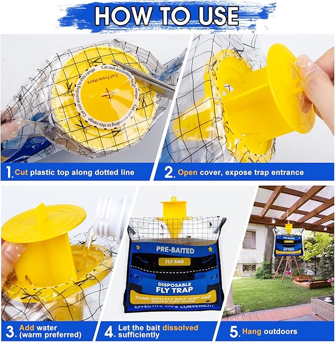 6 Pack Fly Traps Outdoor Hanging for Patio, Outdoor Disposable Hanging Fly Trap with 30g Bait, Bug Fly Hunter Catcher Killer Control for Barn Horse Ranch Chicken Coop