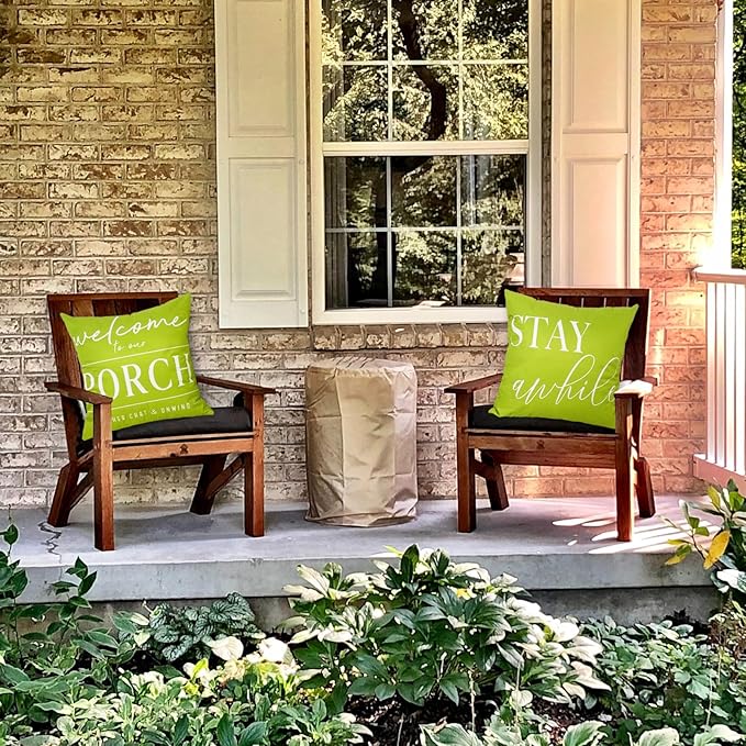 TAJWE Green Outdoor Pillow Covers Waterproof 20x20 Set of 2 Welcome to Our Porch Stay Awhile Cushion Cases for Patio Furniture Sofa Couch Decor