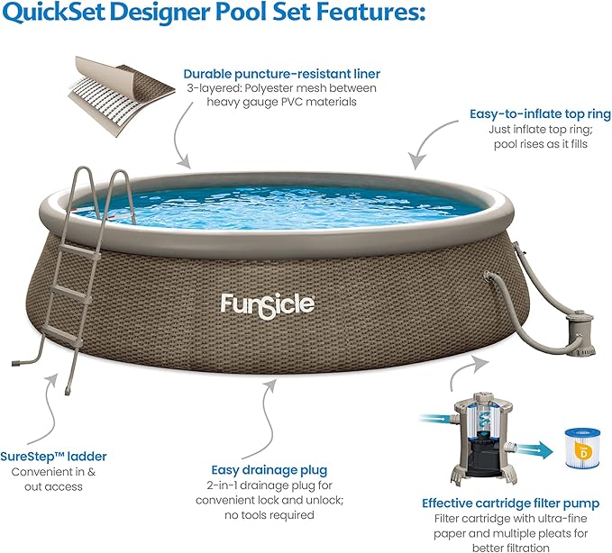 Funsicle 14' x 36" Quickset Round Inflatable Ring Top Outdoor Above Ground Swimming Pool Set with Pump and Cartridge Filter, Brown Triple Basketweave