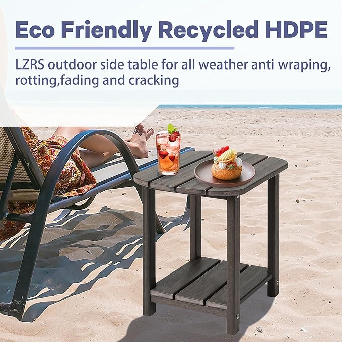 LZRS 2-Tier Patio Side Table, Heavy Duty HDPE Outdoor End Table with Wood Texture, Weatherproof Composite Table for Adirondack Chairs, Deck, Pool, Indoor/Outdoor, No Peeling Cracking(Brown Mixture)