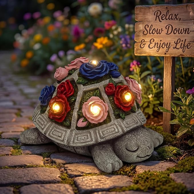 Solar Garden Outdoor Decor Turtle Statue with Colorful Roses & 7 LED Lights – Outside Tortoise Decor for Yard Patio Balcony & Backyard - Home House Decoration Art- Gift for Women Mom Grandma