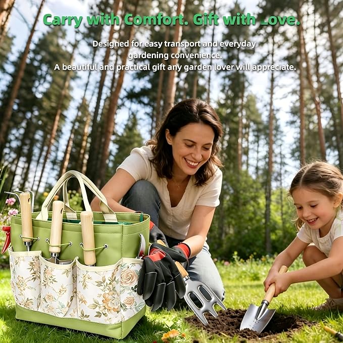 Garden Tools Set, 9-Piece Heavy Duty Gardening Tools with Clear Pocket Tote Bag, Stainless Steel Garden Hand Tools for Digging, Planting, Weeding and Pruning, Durable Gardening Kit