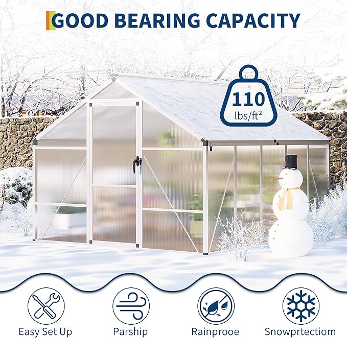 Garvee 8 x 10 ft Greenhouse, Greenhouses for Outside, Polycarbonate Greenhouse with Aluminum Frame, Lockable Door and Ajustable Roof Vent for Backyard, Green Houses for Outside Garden Backyard, Patio