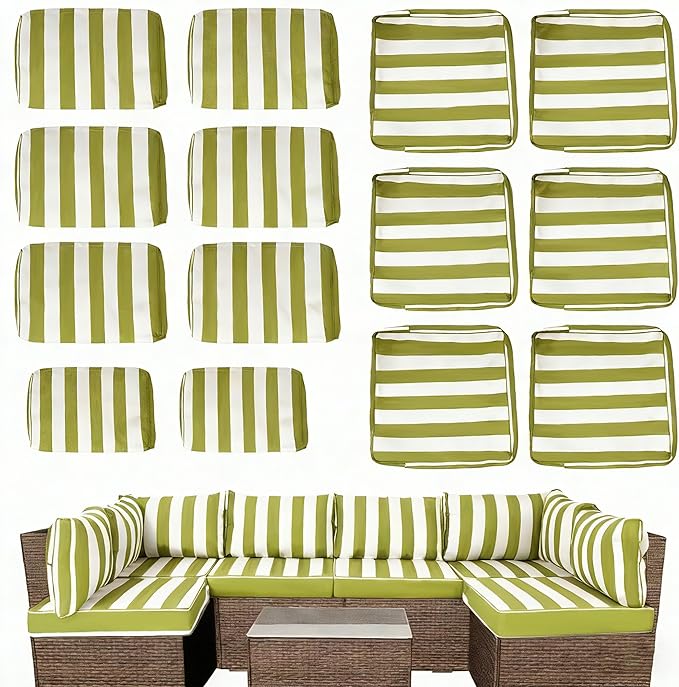 Outdoor Cushion Covers for Patio Furniture, Patio Cushion Covers Replacement with Zipper, Waterproof & Fade Resistant,Only Cover (Green and White Stripes, 25.6Lx25.6Wx4H - Only Covers)