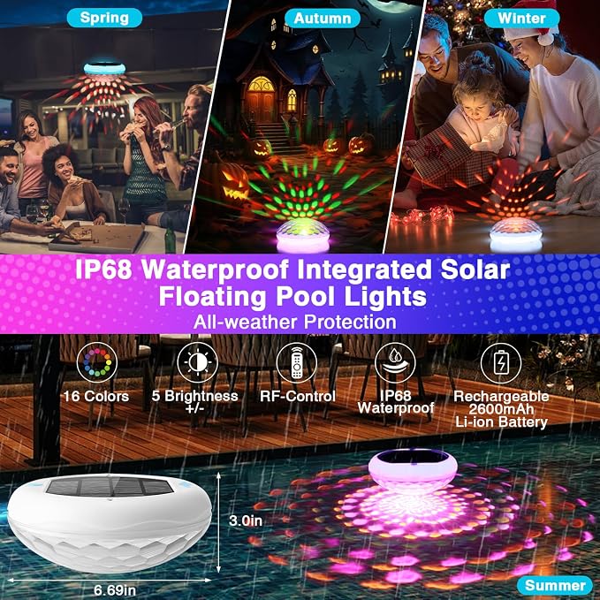 BOXPSII Solar Floating Pool Lights(4 PCS), USB Rechargeable Pool Lights, 2600mAh 6.7" IP68 Waterproof Pool Lights that Float with Remote, RGB 13 Colors Upper and Lower Glow Hangable Floating Light
